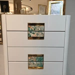 High-Gloss White Tall Sideboard Cabinet with Five Drawers Green Stone Inlay Pulls Rounded Corners and Gold-Tone Stainless Steel Base